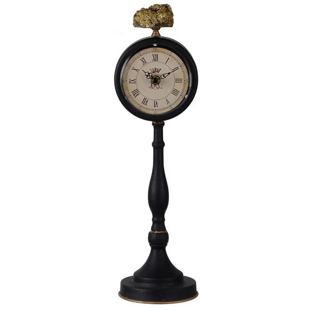 16 Inch Decorative Table Clock Pedestal Stand, Black Metal and Stone Accents royal hampton