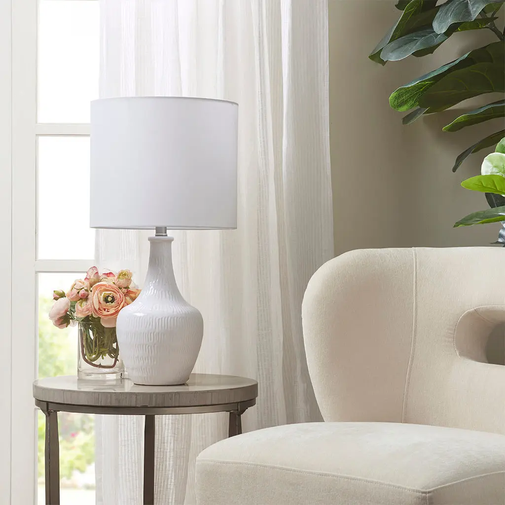 Celine Textured Ceramic Table Lamp White Cotton Stylish Home Decor Lighting jla