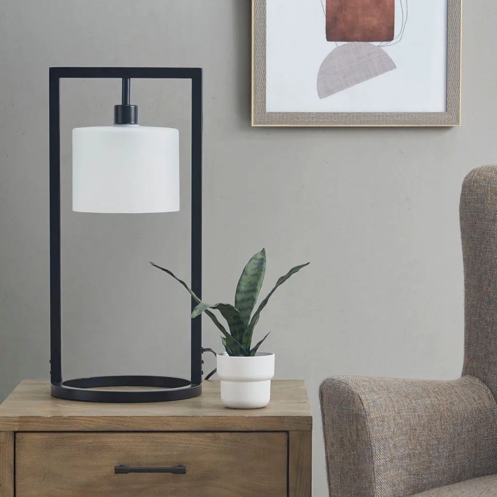 Metal Table Lamp Glass Drum Shade Black Base Frosted Shade Iron jla