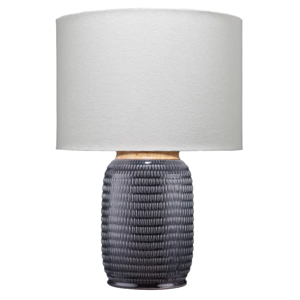 Table Lamp Ribbed Ceramic Body Fabric Shade Gray Modern Bedside Lighting royal hampton