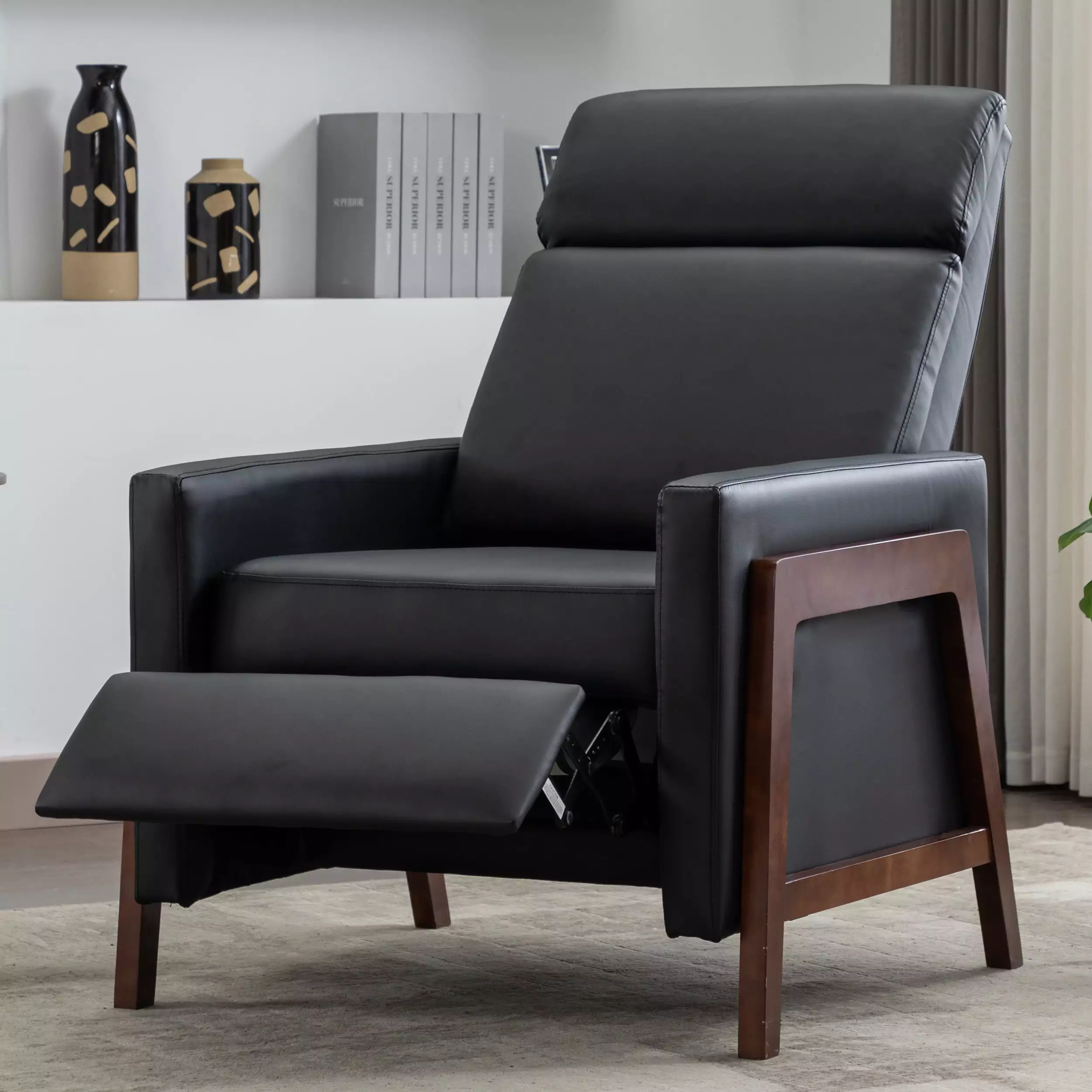DeeHome Wood-Framed PU Leather Recliner Chair Adjustable Home Theater Seating Black
