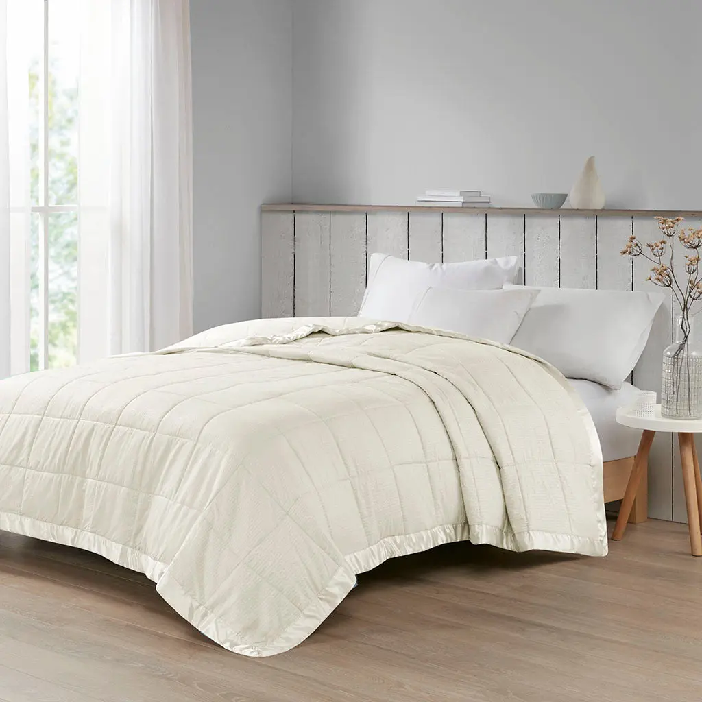 Oversized Down Alternative Blanket Satin Trim Ivory Polyester jla