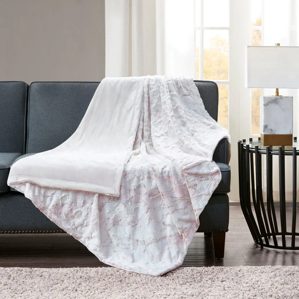 Oversized Faux Fur Throw Blanket Blush Polyester Cozy Comfort jla