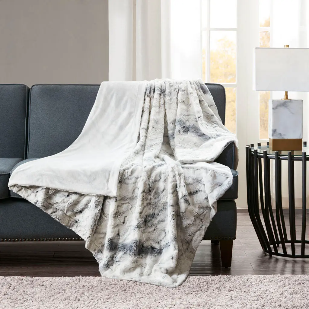 Oversized Faux Fur Throw Blanket Grey Polyester Soft Cozy Living Room Decor jla