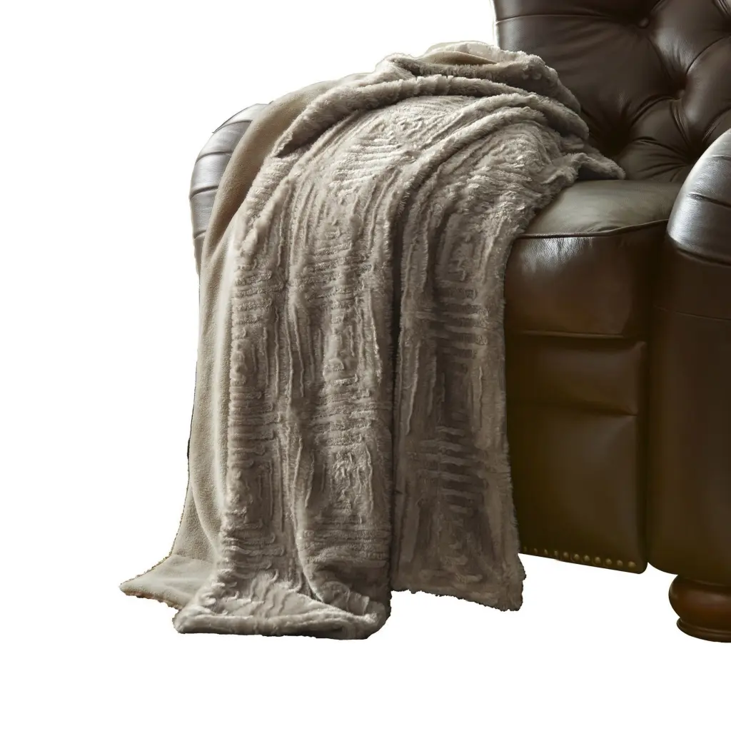 Treviso Faux Fur Throw Blanket Fret Pattern Beige Cozy Living Room Decor royal hampton
