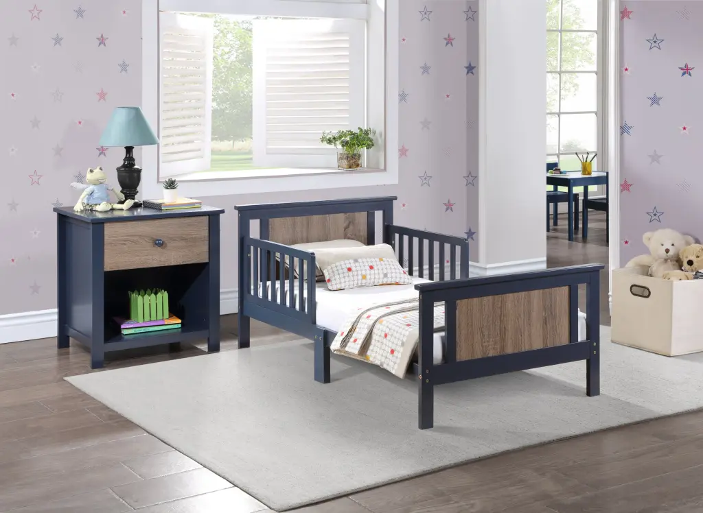 Connelly Reversible Panel Toddler Bed Midnight Blue Vintage Walnut Kids Room simple living