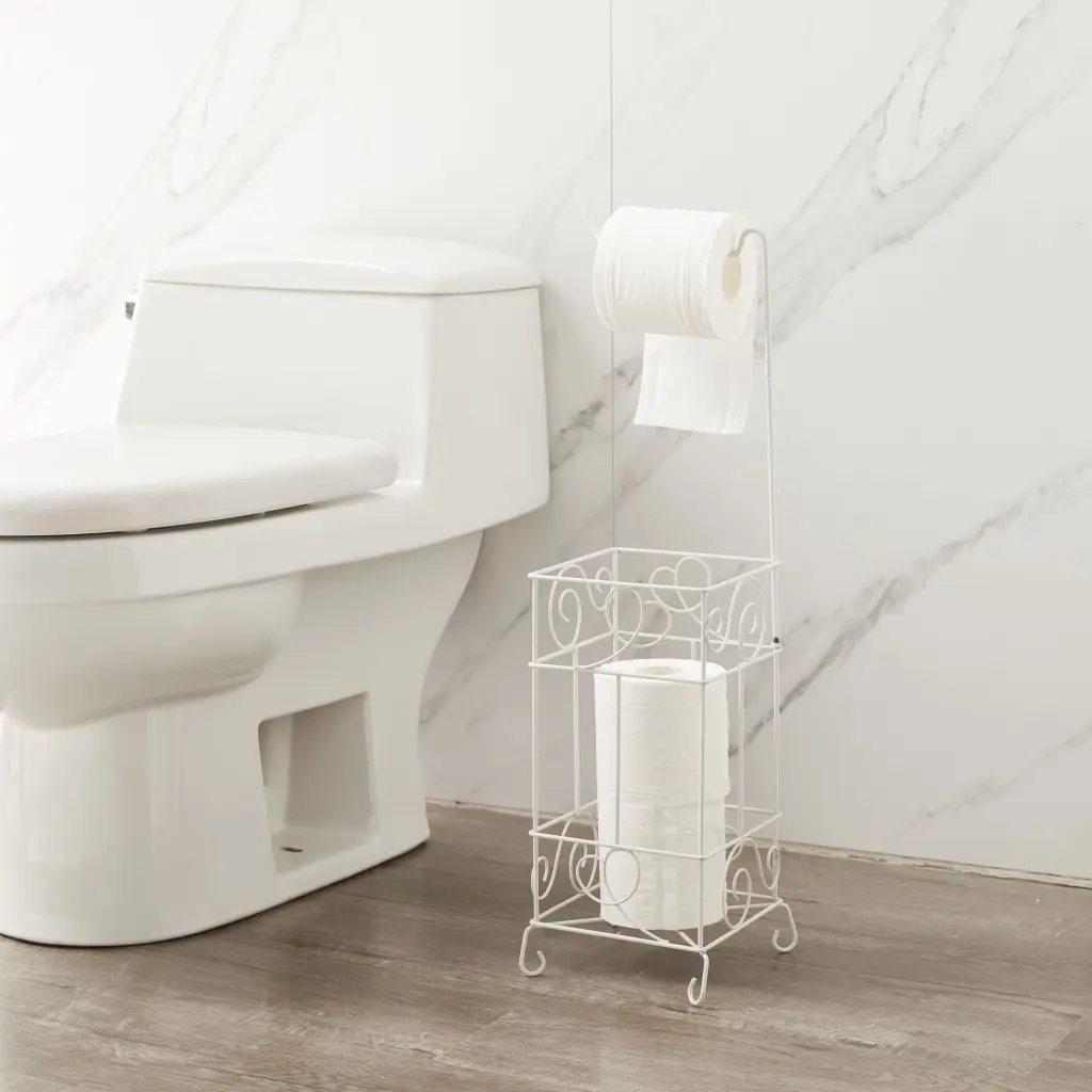 White Metal Frame Toilet Paper Holder Stand Bathroom Organizer id international- inc.
