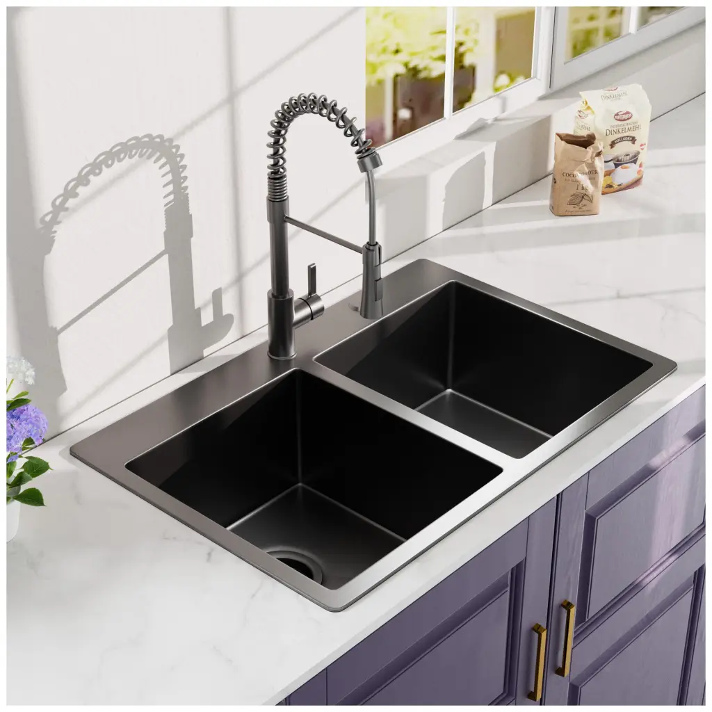 33X22 Inch Double Bowl Topmount Gunmetal Black Kitchen Sink 18Gauge Stainless Steel alwen