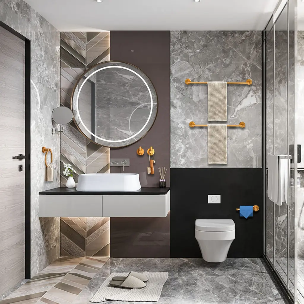 6 Piece Bathroom Towel Rack Set Wall Mount Brushed Gold Aluminum rnb