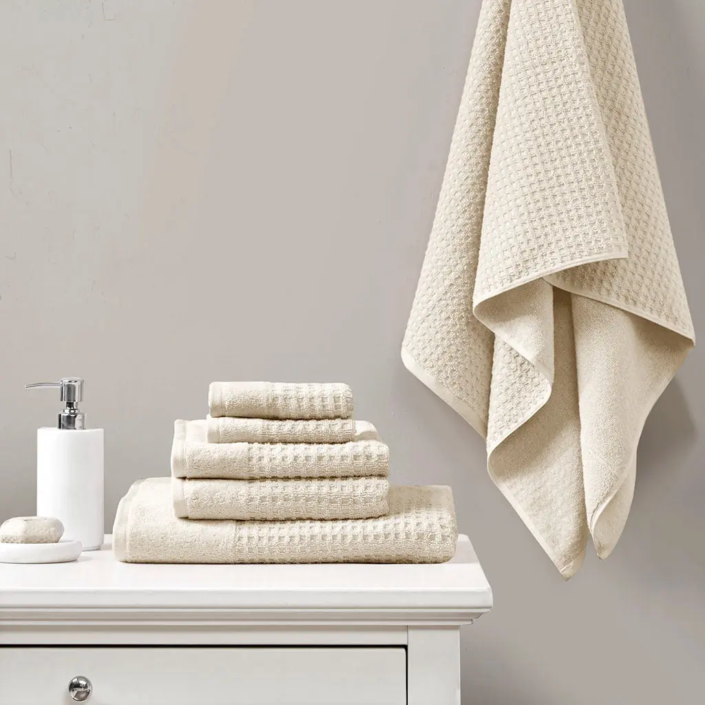 Cotton Waffle Jacquard Antimicrobial Bath Towel 6 Piece Set Taupe jla