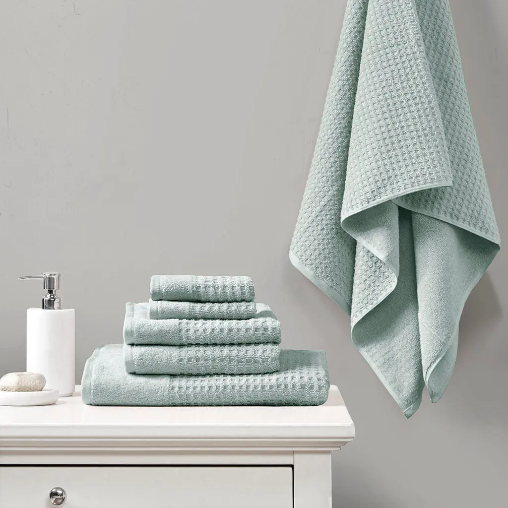 Cotton Waffle Jacquard Antimicrobial Bath Towel 6 Piece Set Seafoam jla