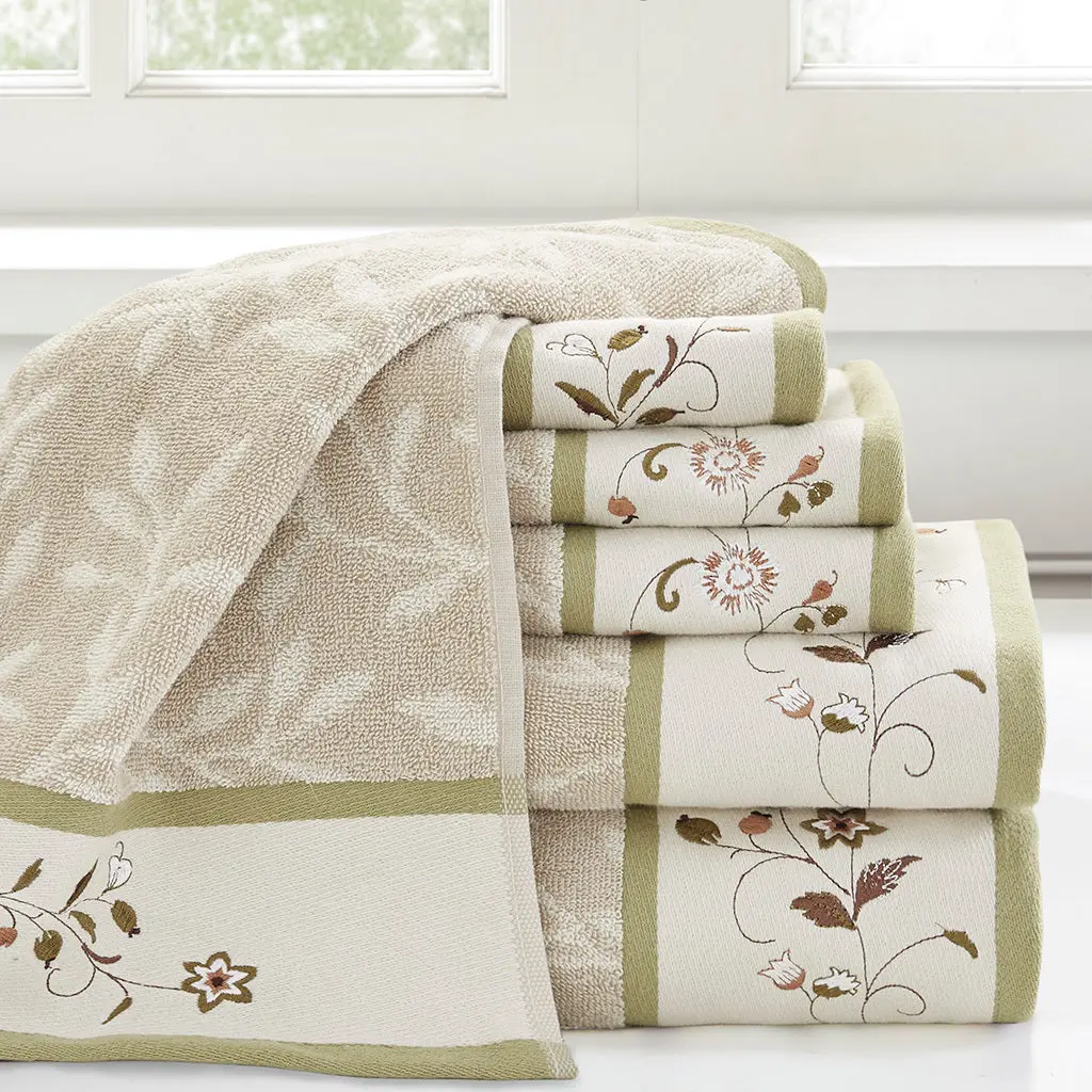 Embroidered Cotton Jacquard 6 Piece Towel Set Green Cotton jla