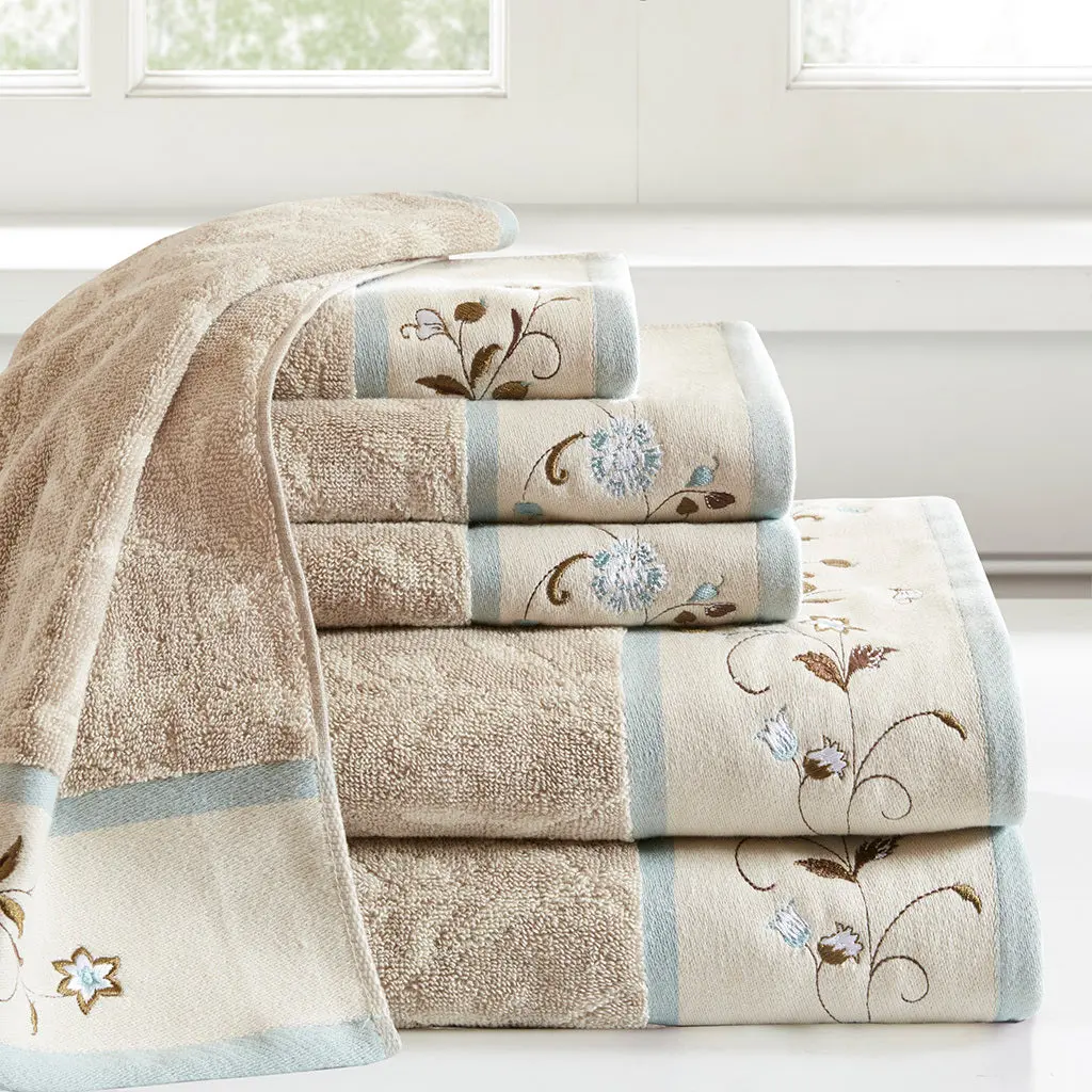 Embroidered Cotton Jacquard 6 Piece Towel Set Blue Cotton Bath Towels jla