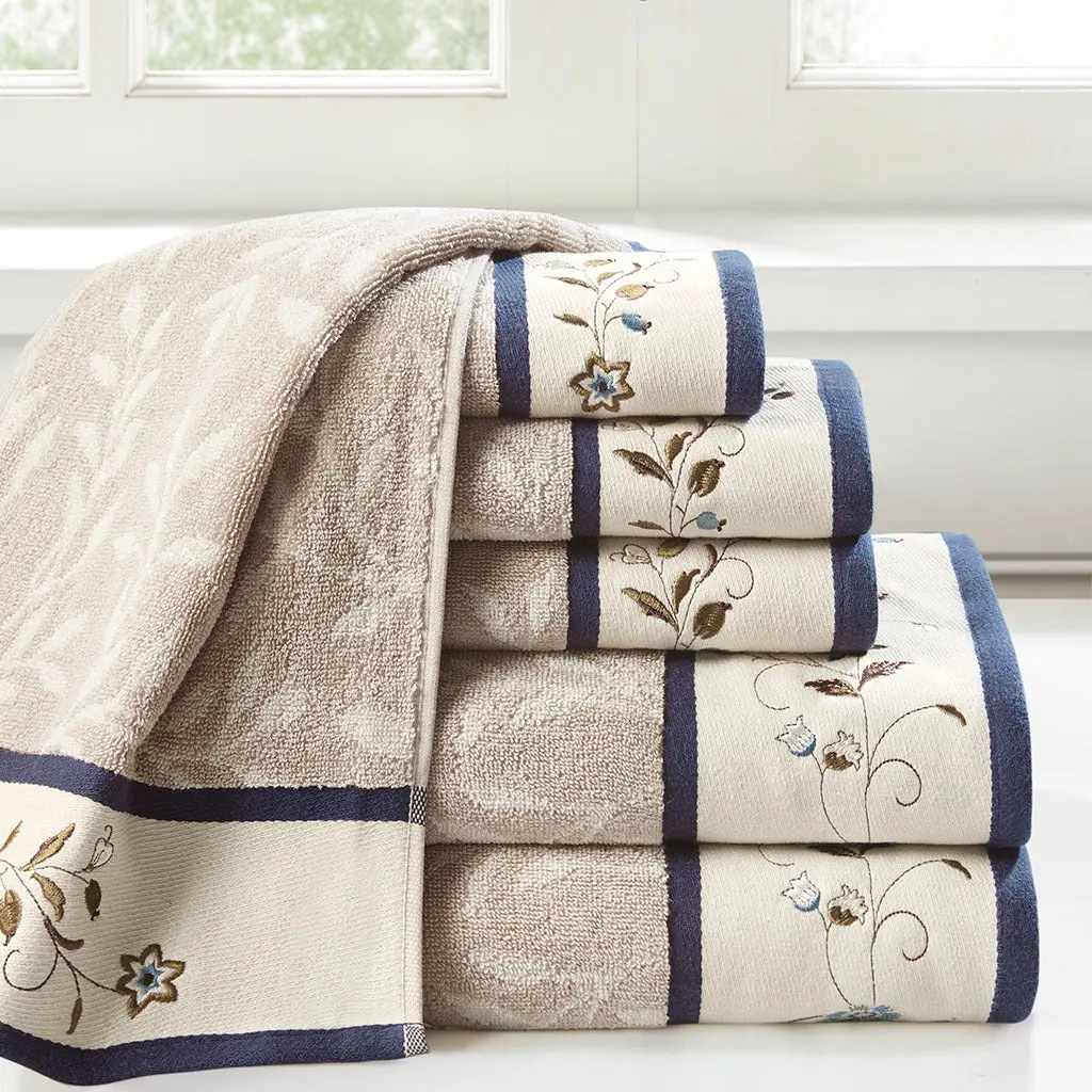 Embroidered Cotton Jacquard 6 Piece Towel Set Navy Cotton jla