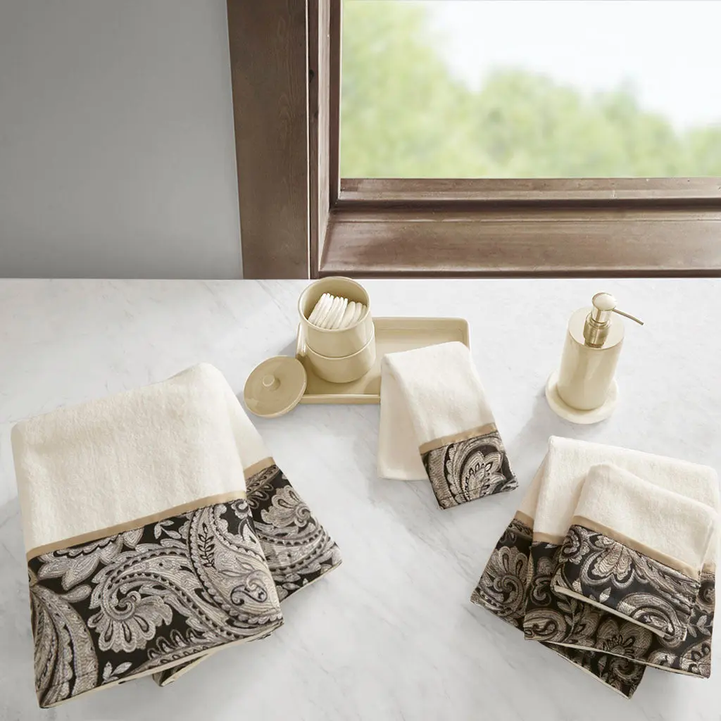 6 Piece Jacquard Towel Set Black Cotton Bath Towels jla