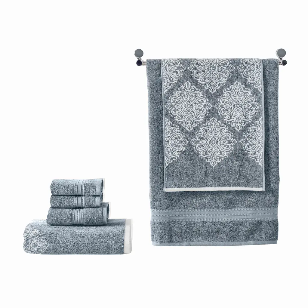 Eula Modern 6 Piece Cotton Towel Set Chic Da Pattern Slate Blue Bathroom Towels royal hampton