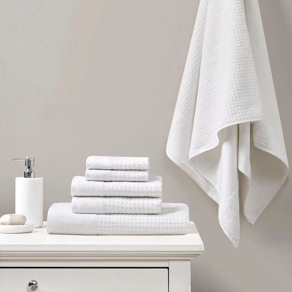 Cotton Waffle Jacquard Antimicrobial Bath Towel 6 Piece Set White jla