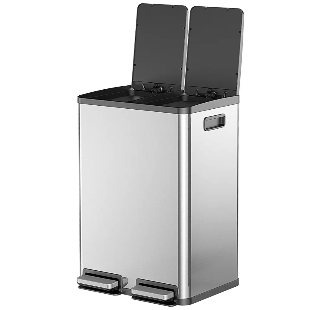 Trash Can Lid Large 60 Liter Stainless Steel Dual Compartment w2201