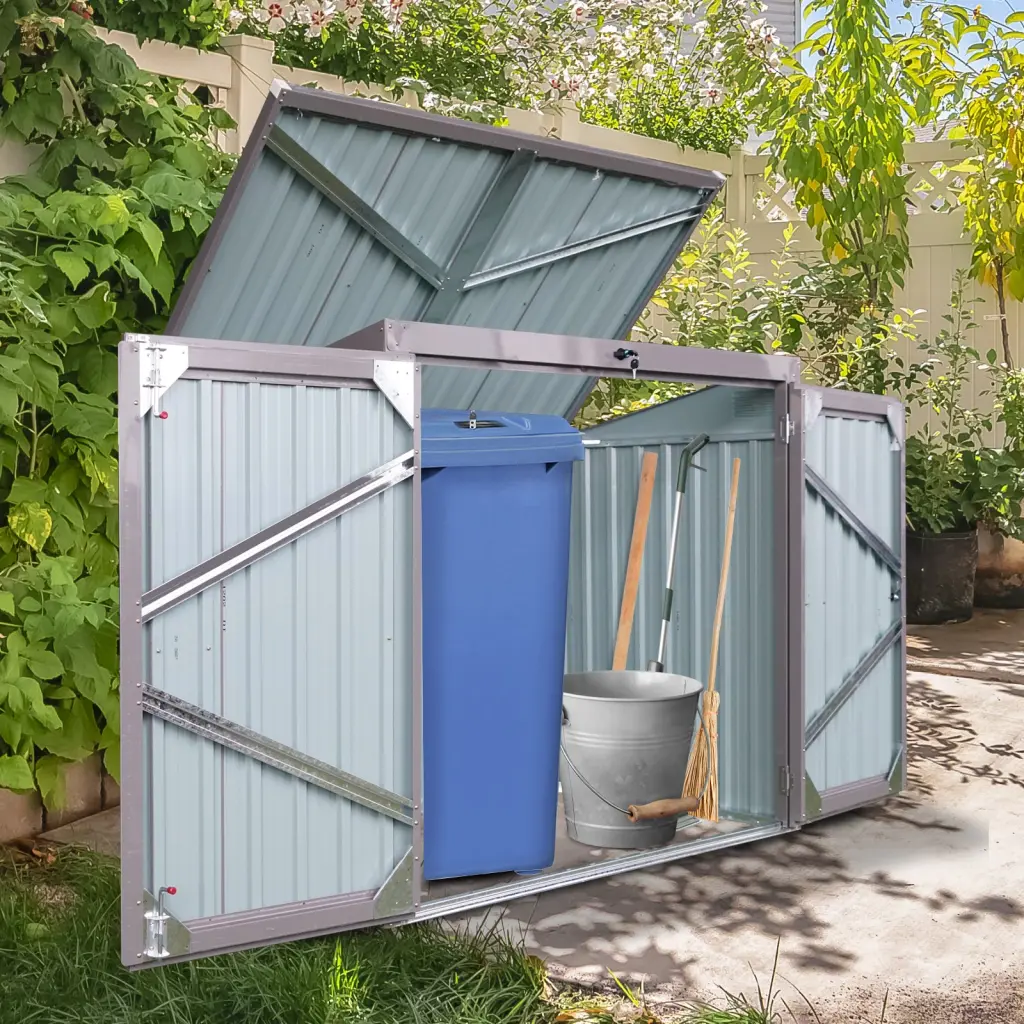 Garbage Bin Shed Stores 2 Trash Cans Metal Outdoor Bin Shed Garden w-540 wwc