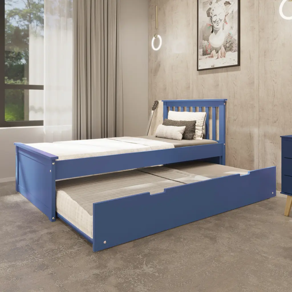 Blue Twin Trundle Bed, Heavy Duty Malibu Solid Wood Bed Frame Twin brazil sustainable solid wood furniture
