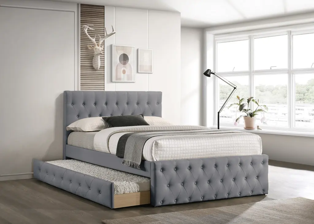 Contemporary Twin Size Bed Trundle Slats Light Grey Burlap Upholstered Frame kanepe