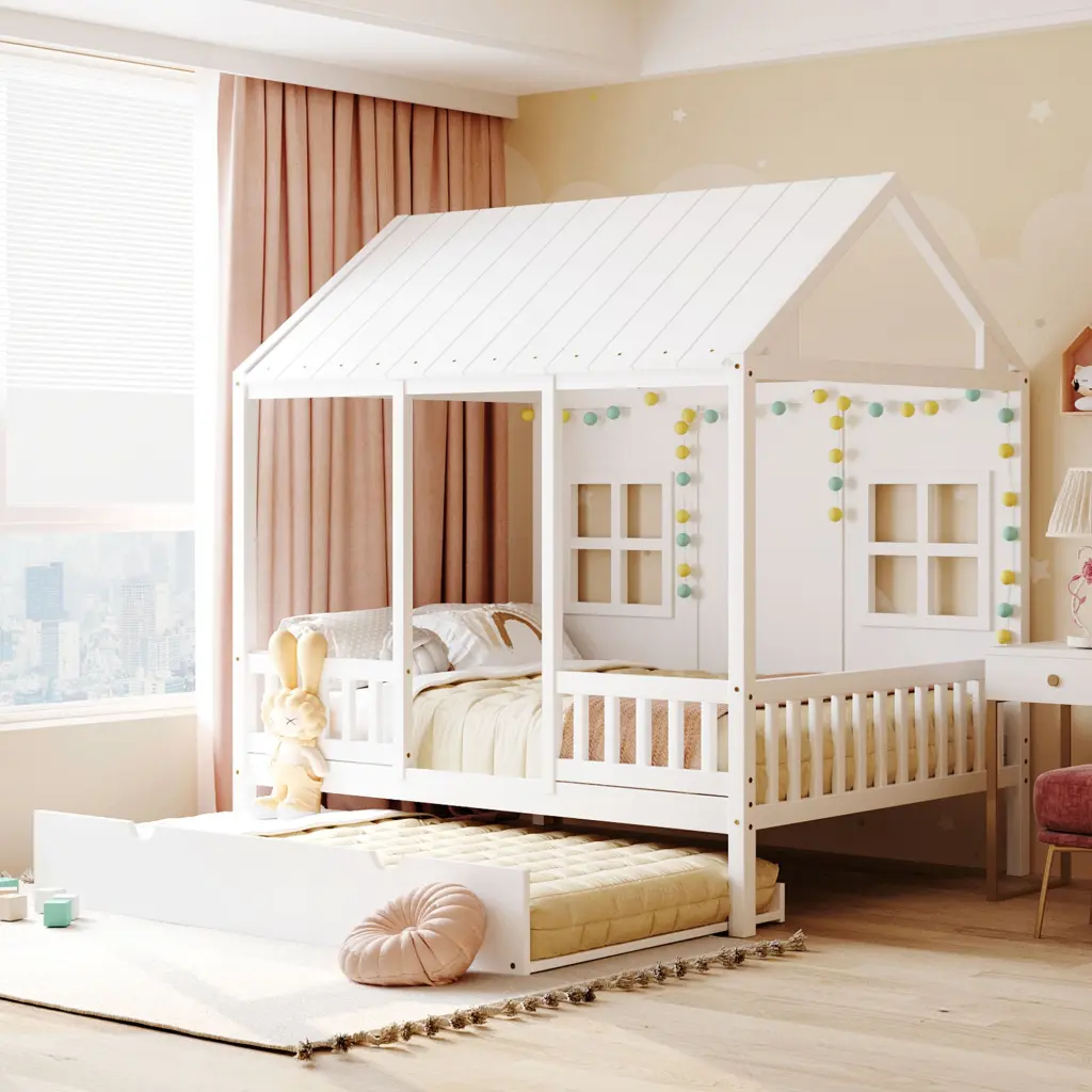 Full Size Wood Houtilize Bed Twin Size Trundle, White Wooden Daybed lucky furniture