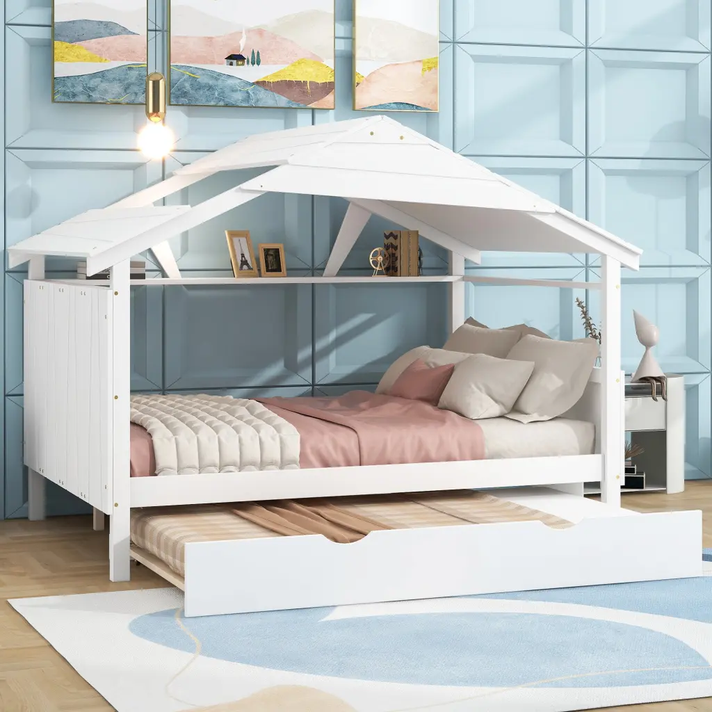 Wood Full Size Houtilize Bed Twin Size Trundle and Storage White Box Frame wm store