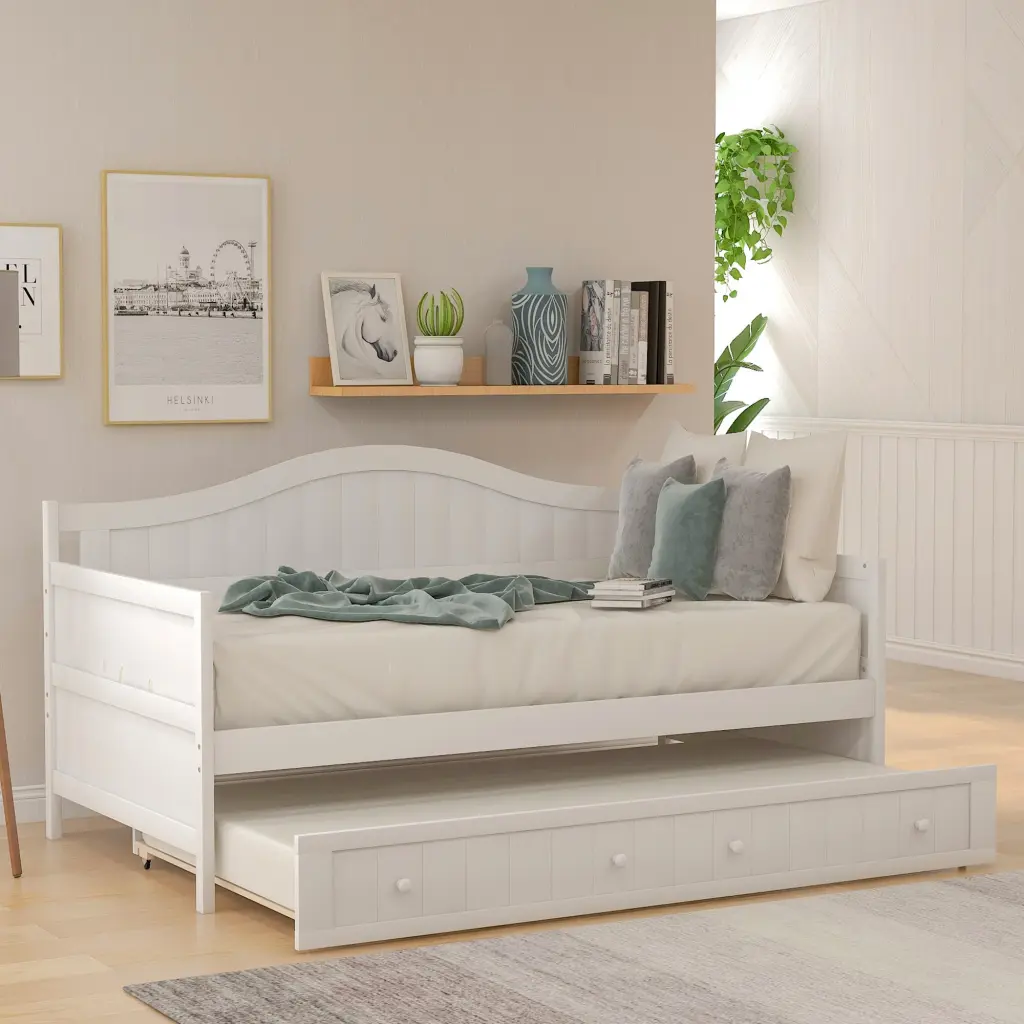 Twin Wooden Daybed Trundle Bed Sofa Bed Bedroom Living Room lucky furniture
