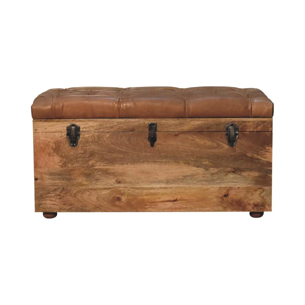 Buffalo Hide Oak Storage Trunk Leather Top Solid Wood Chest artisan furniture