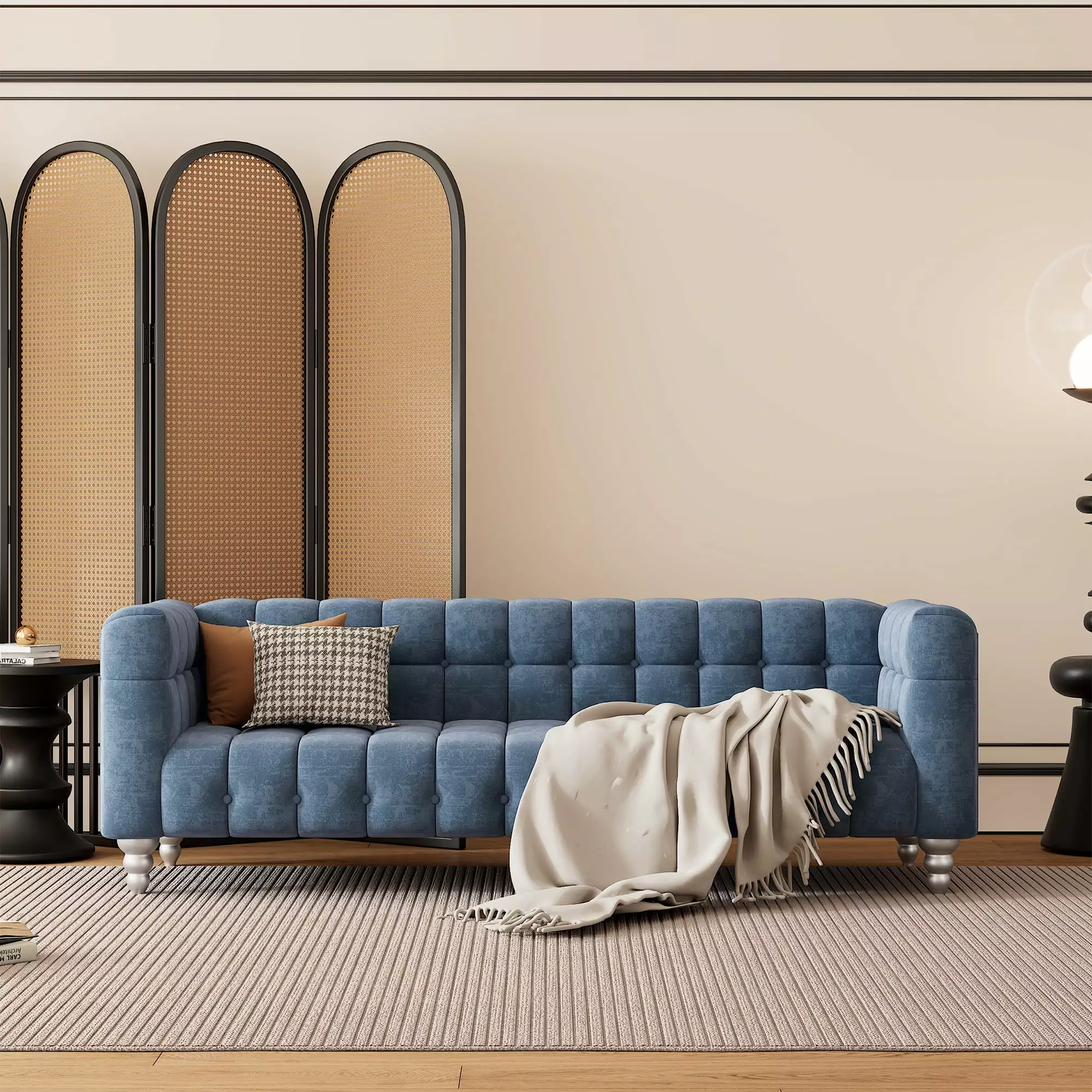 89 Modern Dutch Fluff Upholstered Sofa Solid Wood Legs and Buttoned Tufted Backrest - Blue Living Room Couch CNCJ