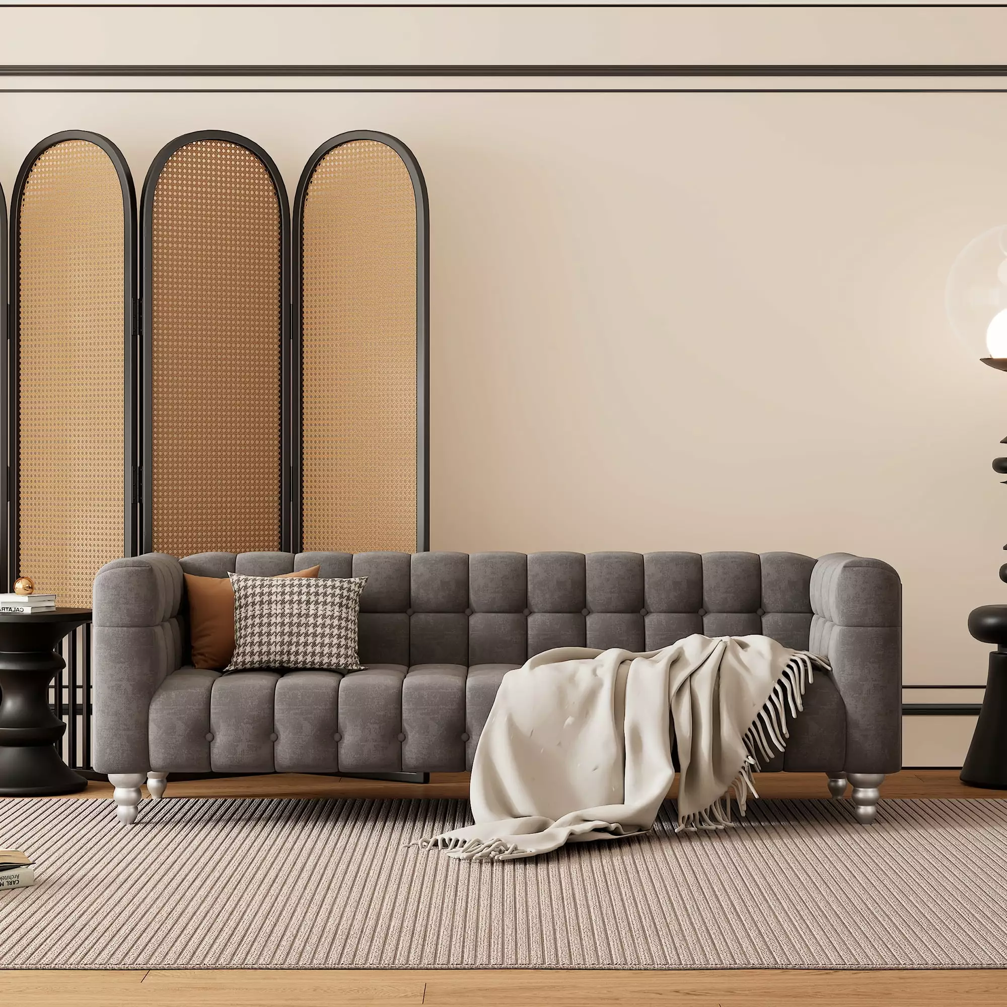 89 Modern Dutch Fluff Upholstered Sofa Solid Wood Legs and Buttoned Tufted Backrest - Gray Contemporary Couch CNCJ