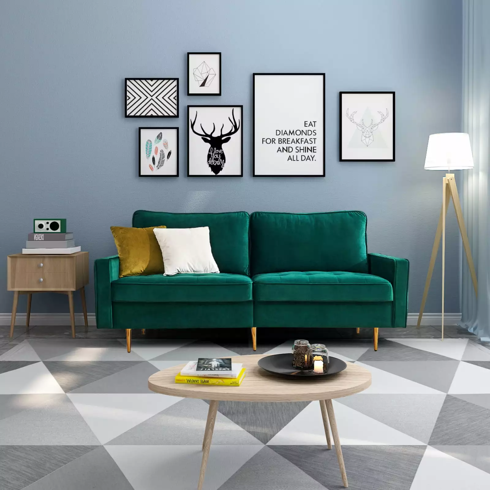 Miekor Furniture 70'' Modern Button Tufted Sofa 2 Throw Pillows Emerald - Luxury Living Room Sofa