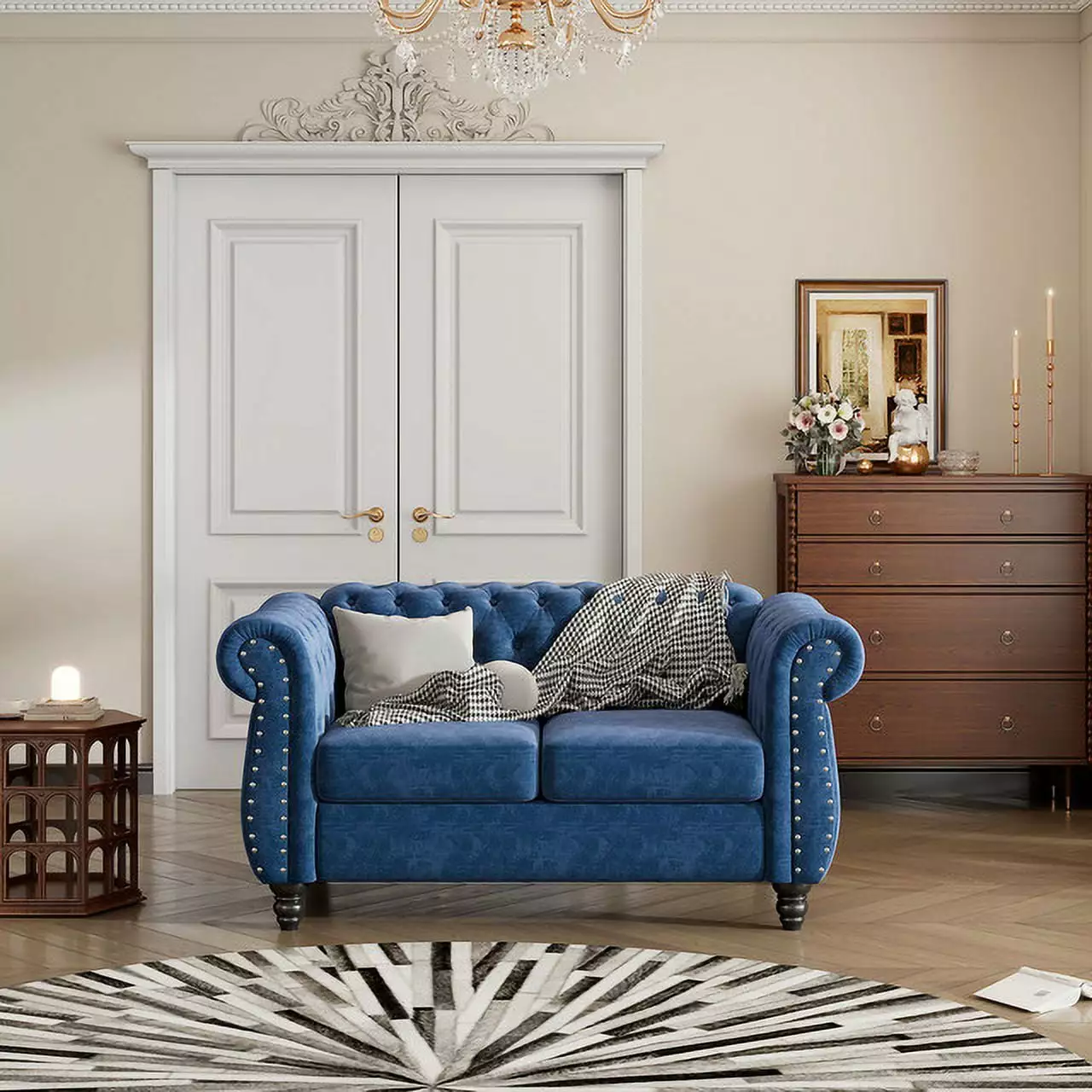 60 Modern Dutch Plush Upholstered Sofa Blue Buttoned Tufted Backrest - Stylish Living Room Couch Ponnky