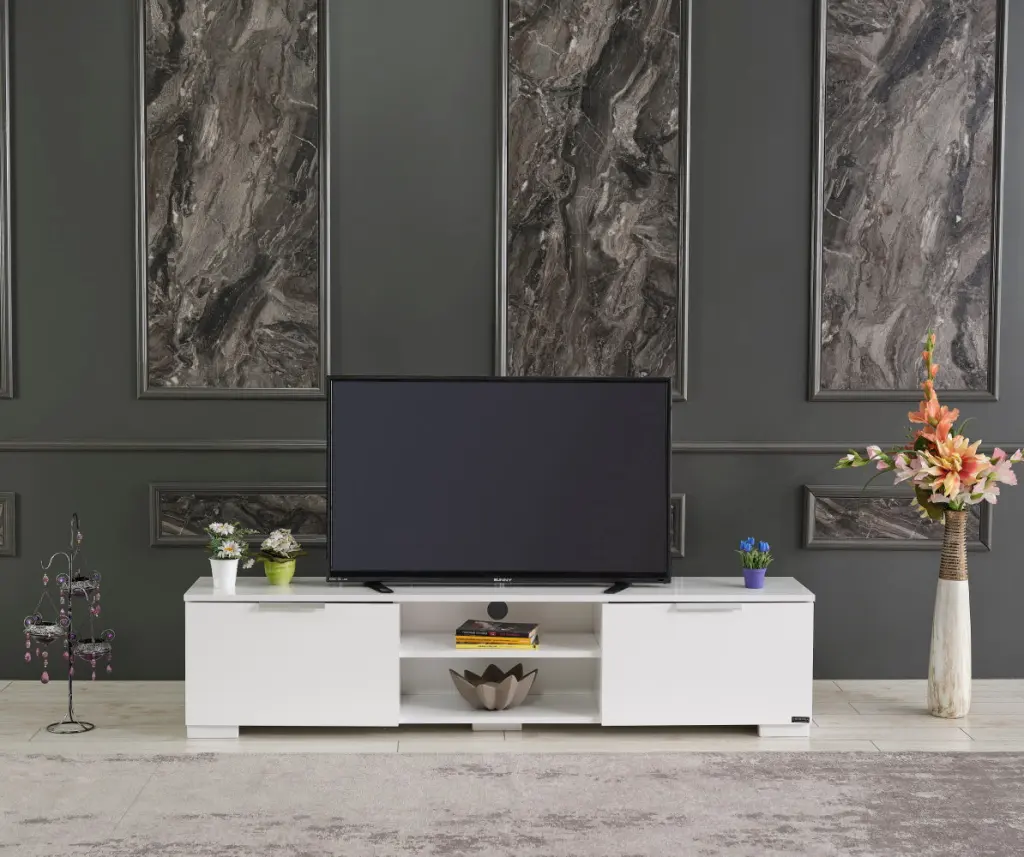 Furnishome April Mid Century Modern TV Stand 2 Door Cabinets 2 Shelves Entertainment Center furnia