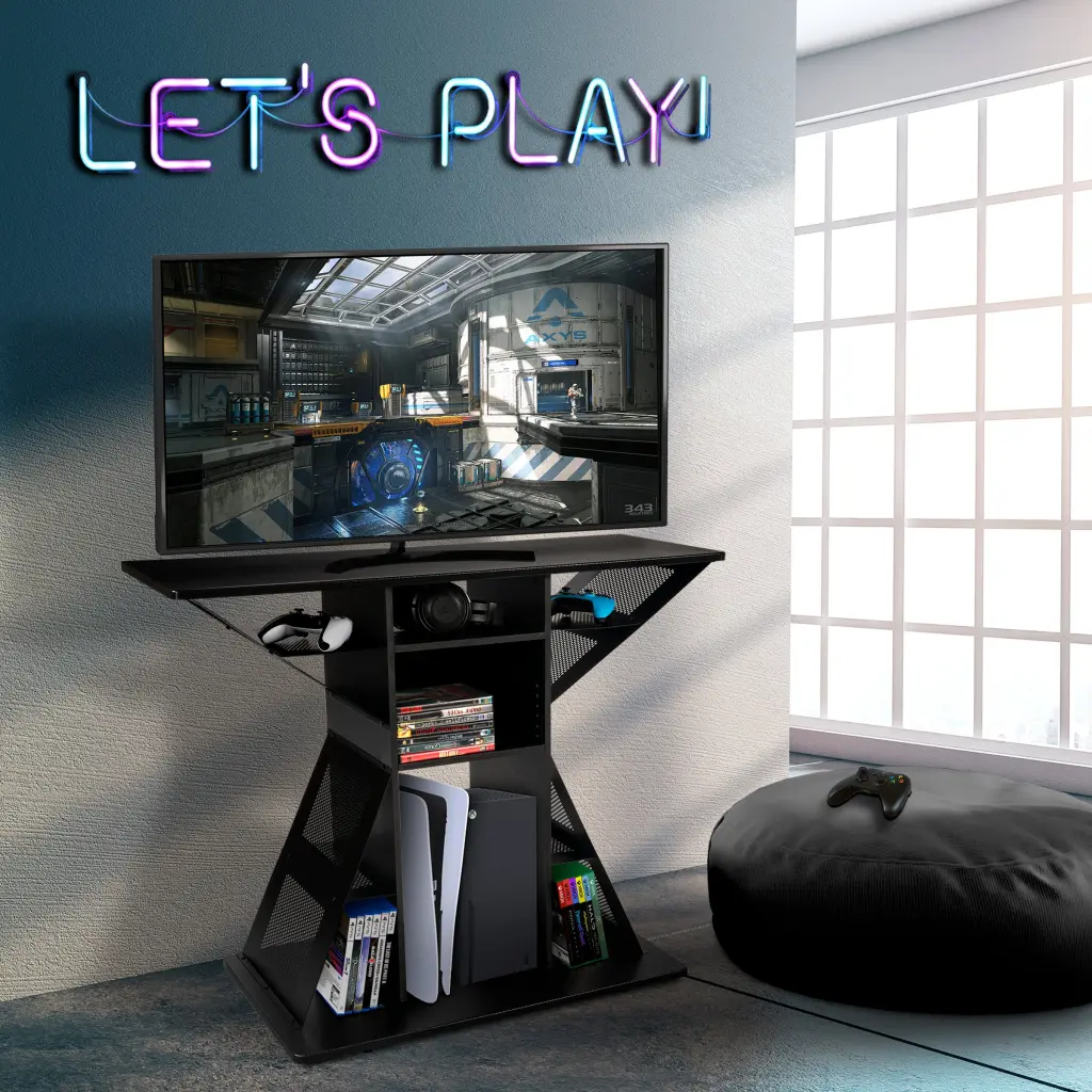 Gaming TV Stand Cable Management Holds Consoles and Games atlantic inc.