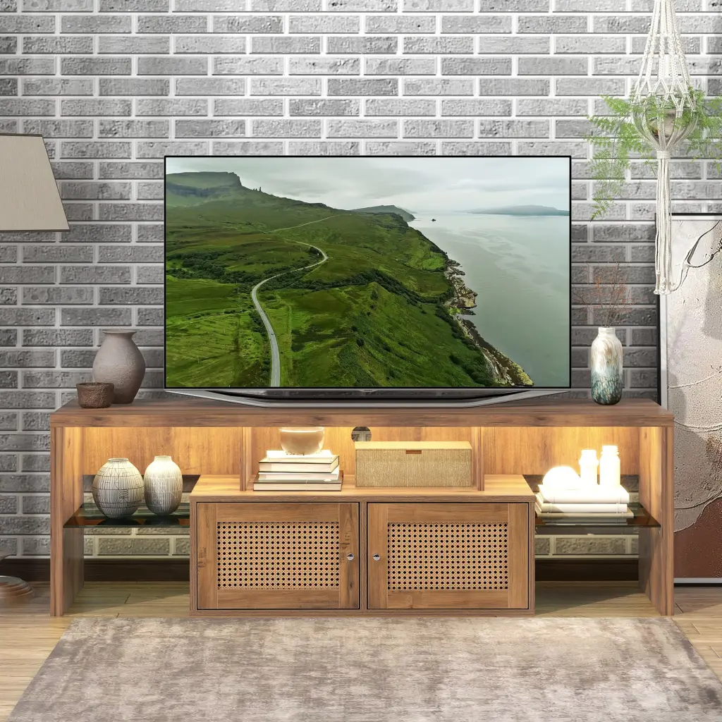 TV Stand Two Doors TV Cabinet Adjustable 2 Clear Wave Laminates LED Lighting cosyliving wooden furniture