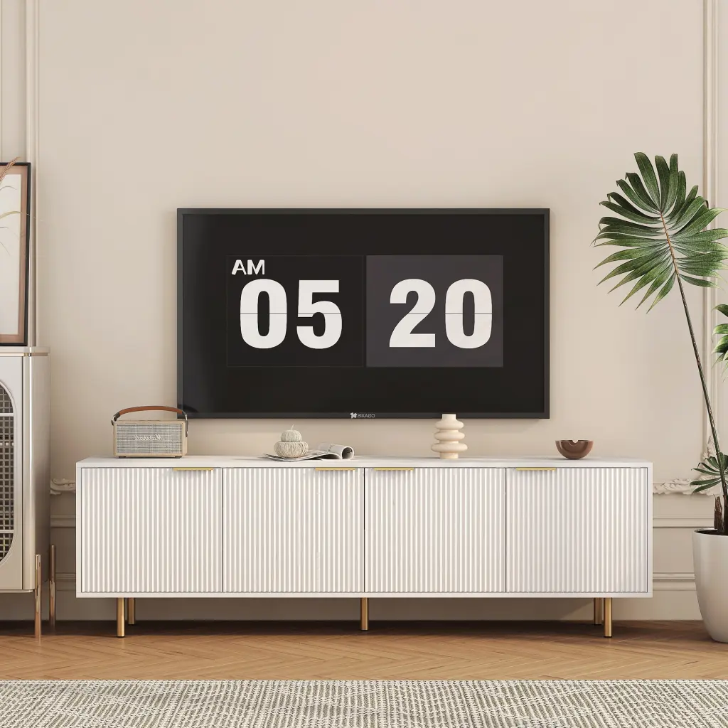 White Modern TV Stand Fluted 68 Inch Power Outlet Entertainment Center dasenwood