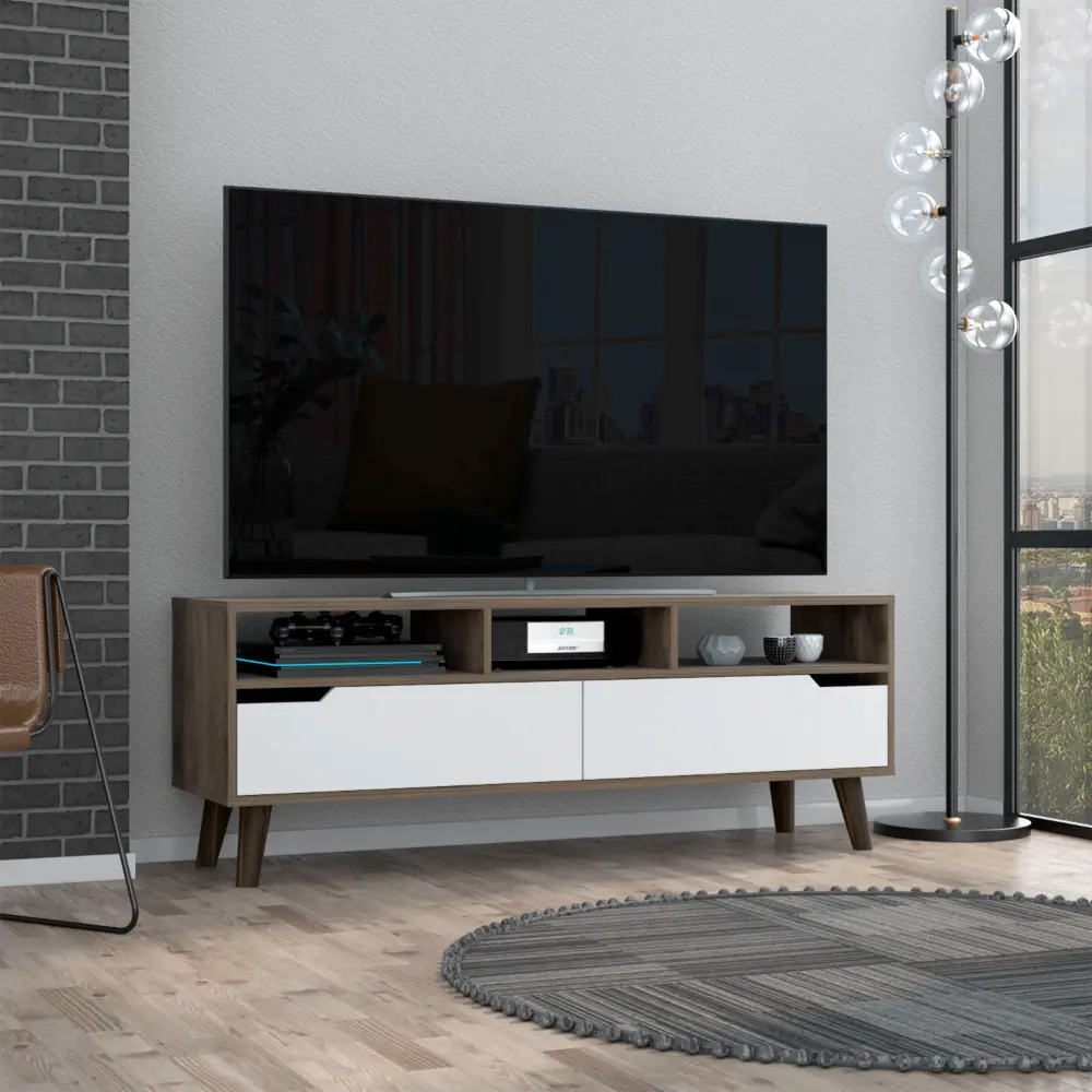TV Stand TVs Up To 52 Inches Three Open Shelves Two Flexible Drawers Dark Wood Entertainment Center depot e-shop