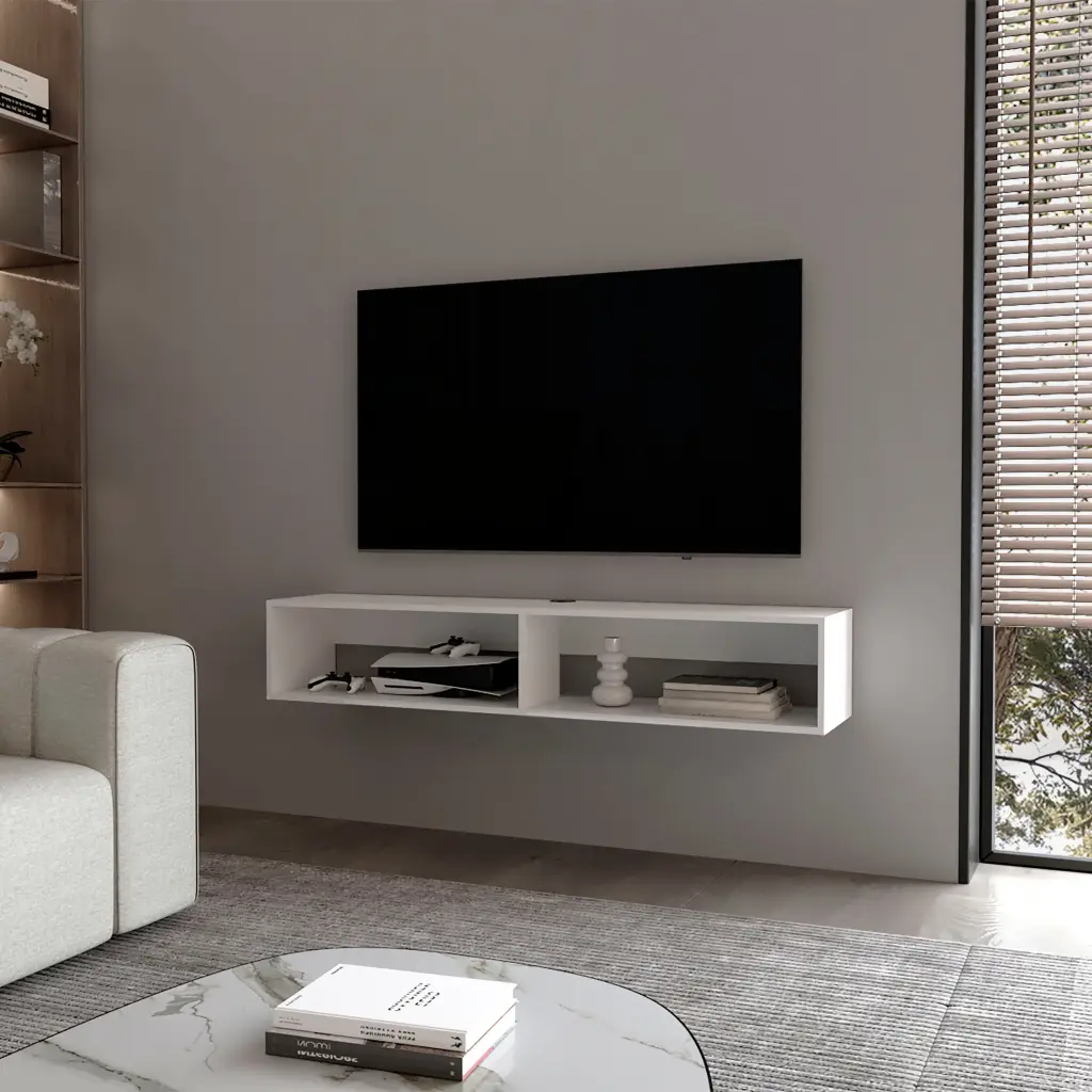Central Floating Media Rack Melamine Two Shelves - White Modern TV Stand fm furniture