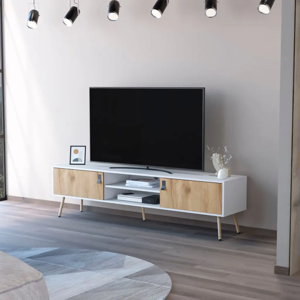 Kimball TV Rack Spacious Storage 2 Hinged Drawers and Open Shelves fm furniture