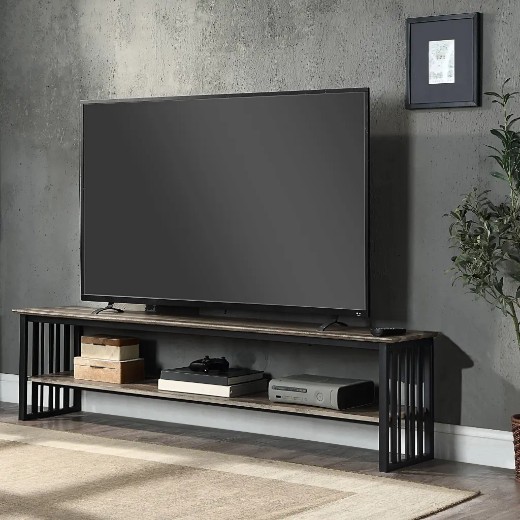 Antique Oak And Black 1 Shelf TV Stand Oak Primary Living Space 70 79 Inch TV Console furniture max