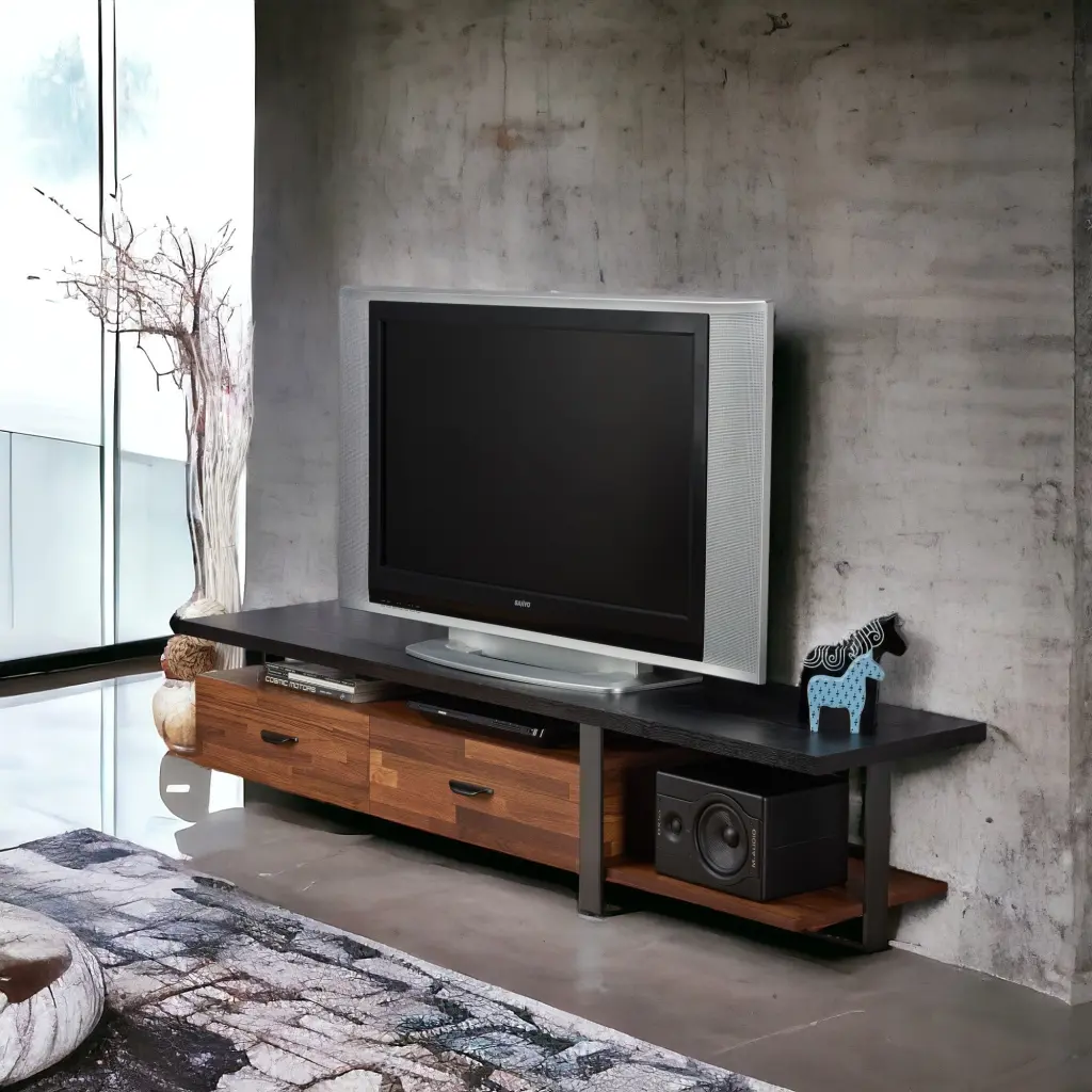 Walnut And Black 2 Drawer TV Stand 1 Shelf Walnut Black Modern Entertainment Center furniture max