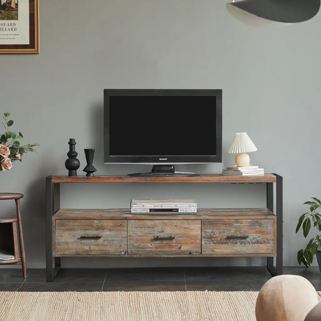 60 Inch Reclaimed Wood Media TV Console Table 3 Drawers Open Shelf housemart