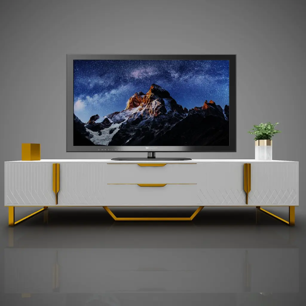 TV Console Storage Cabinets Carved Design TV Stand Metal Legs hymasbros
