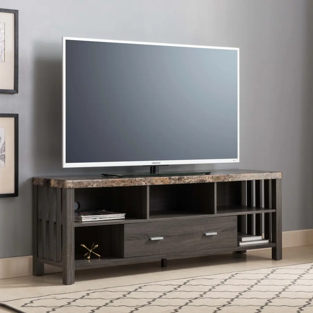 Home Livingroom 60 Inch TV Stand Drawer Five Open Shelves Faux Marble Media Console id international- inc.