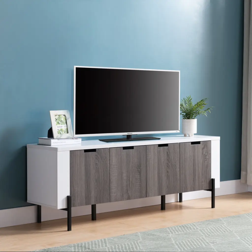 60 Inch Two Toned TV Stand Four Cabinet Doors Storage Cabinet White id international- inc.