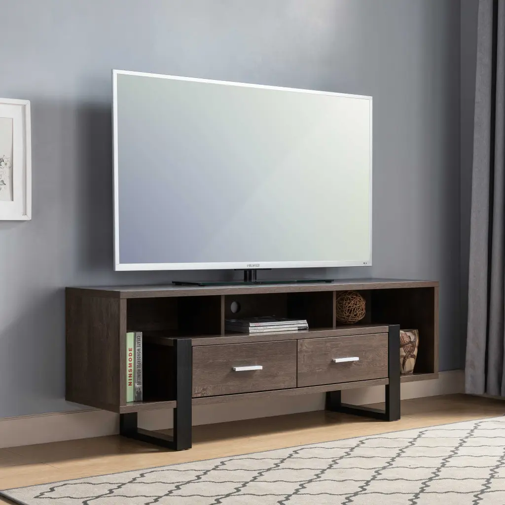 Modern TV Stand Three Shelves And Two Drawers Dark Brown & Black Entertainment Center id international- inc.