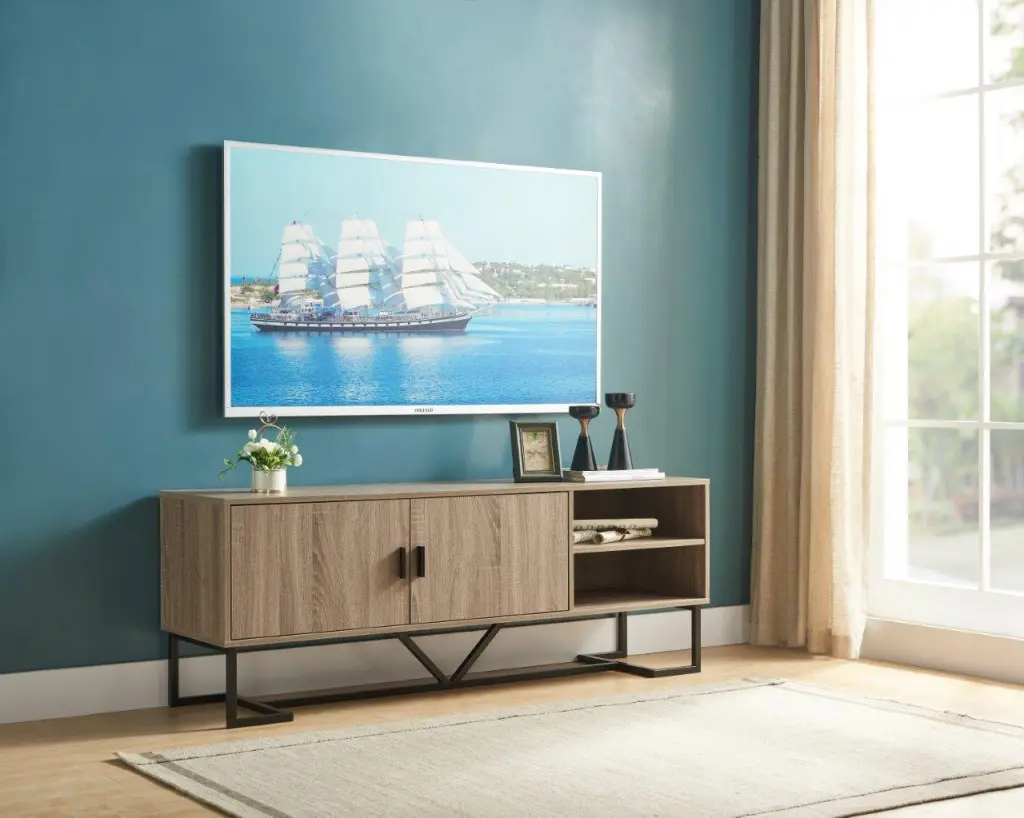 TV Stand Two Door Cabinet Open Shelves and Metal Legs Brown id international- inc.