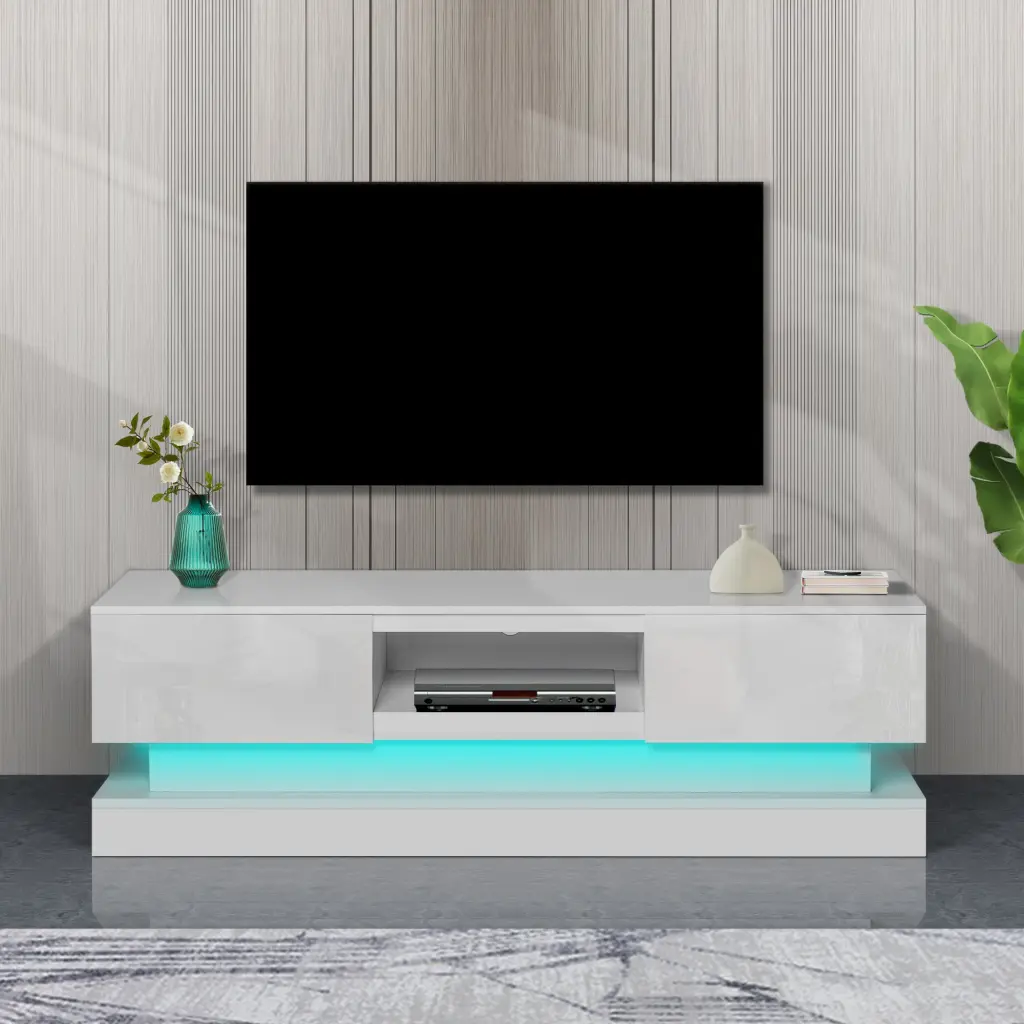 63 Inch White Modern TV Stand LED Lights High Glossy Front jxy furniture