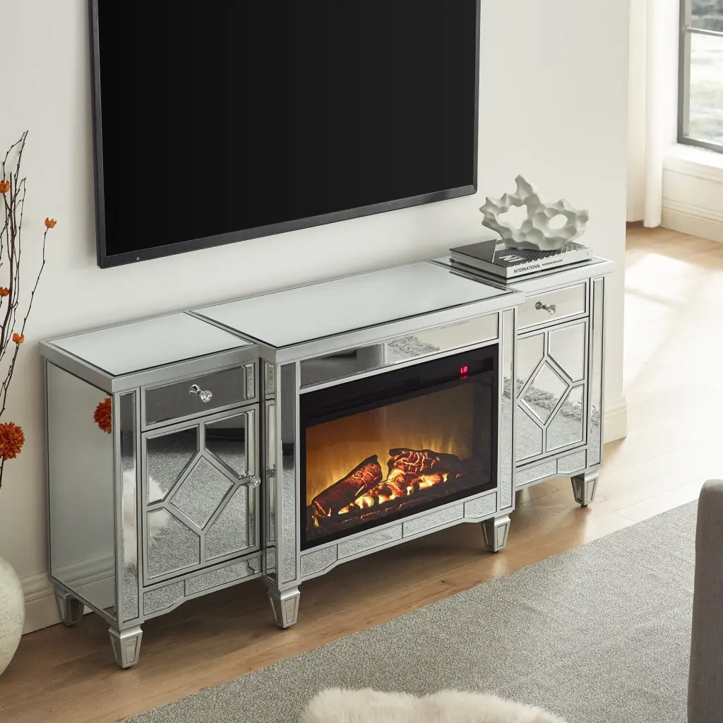 57 Inch Flash Silver Combination TV Fireplace Cabinet kai lee- mirror arts-furniture factory